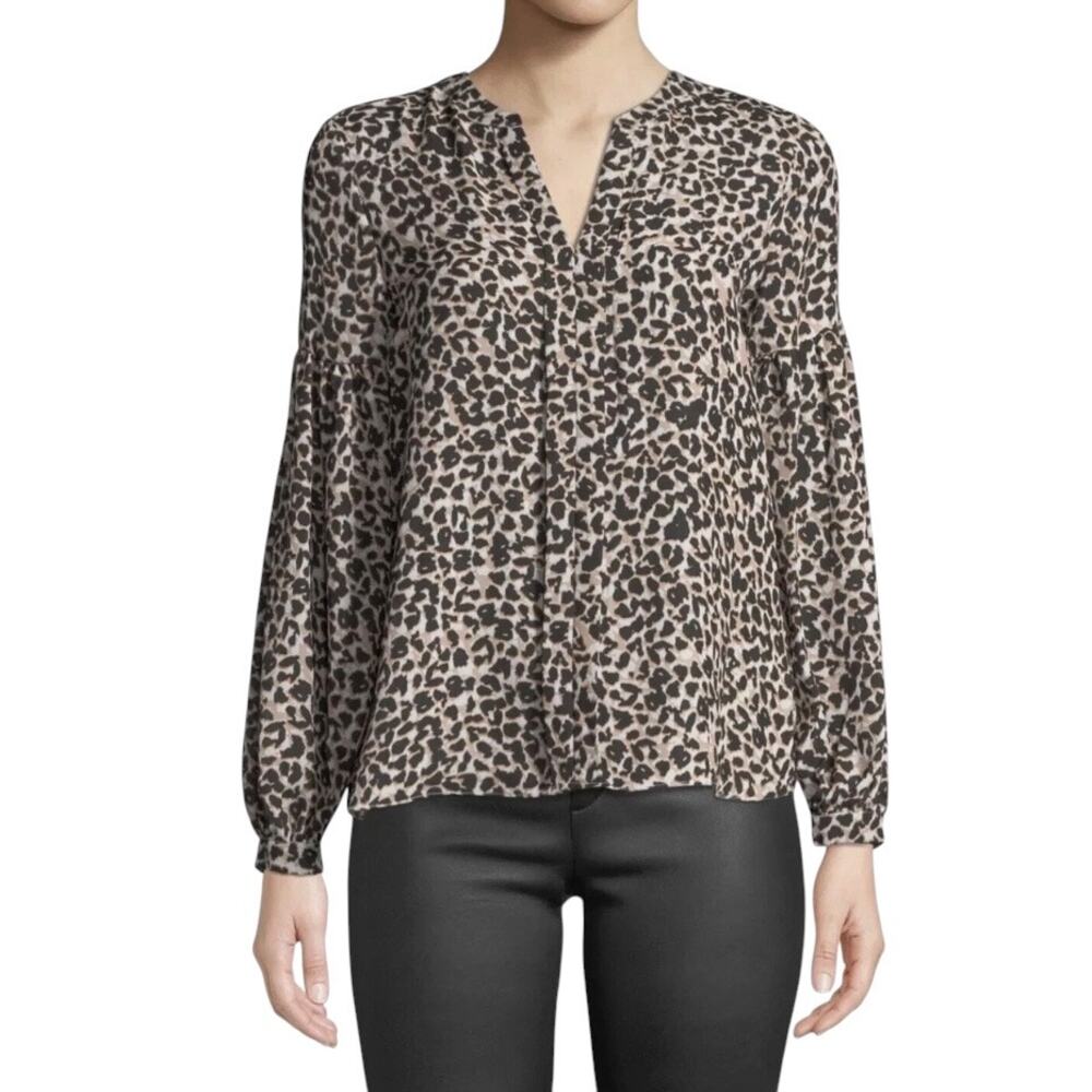 Parker Leopard Animal Print Blouse Retro L Black Tan Chiffon Sheer V-Neck Top